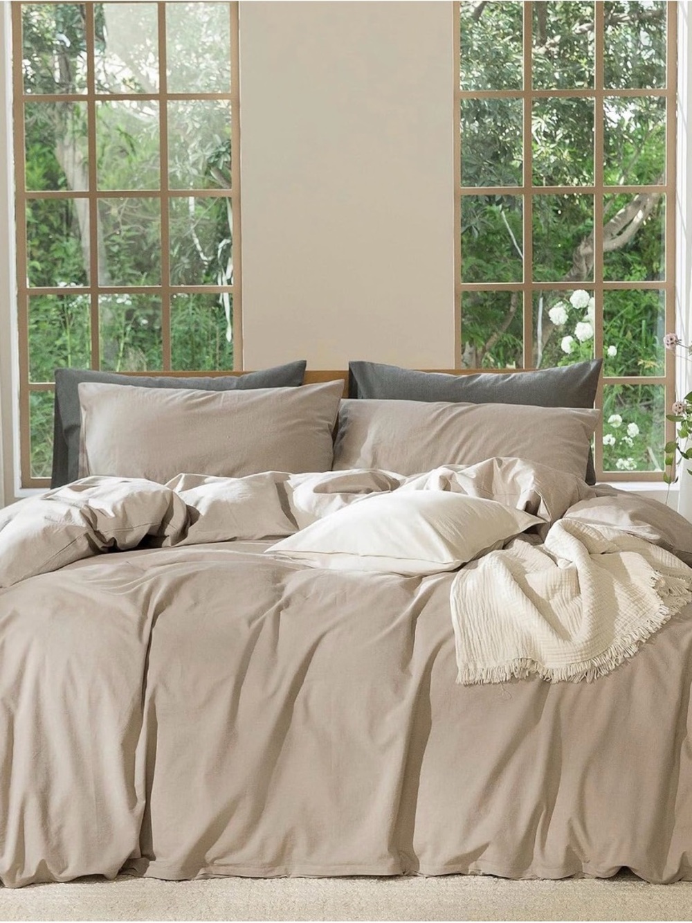 MooMee King Duvet Cover Beige 100% Washed Cotton Linen Look Zipper Closure